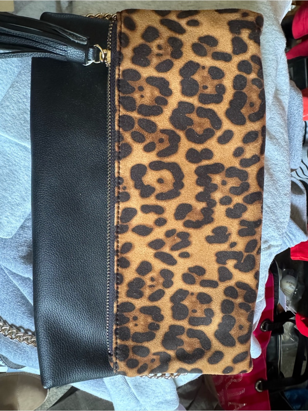 Leopard Print and Black Crossbody Bag with Gold Chain